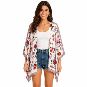 Japna Womens Boho Floral Print Lightweight Kimono Wrap White OS Cover Up Cottage